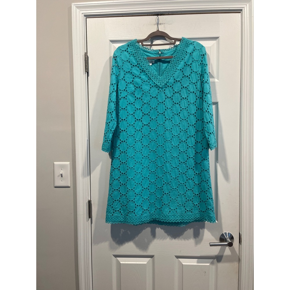 London Times Turquoise Blue Eyelet Lace V-Neck‎ Shift Dress Scallop Trim Size 12